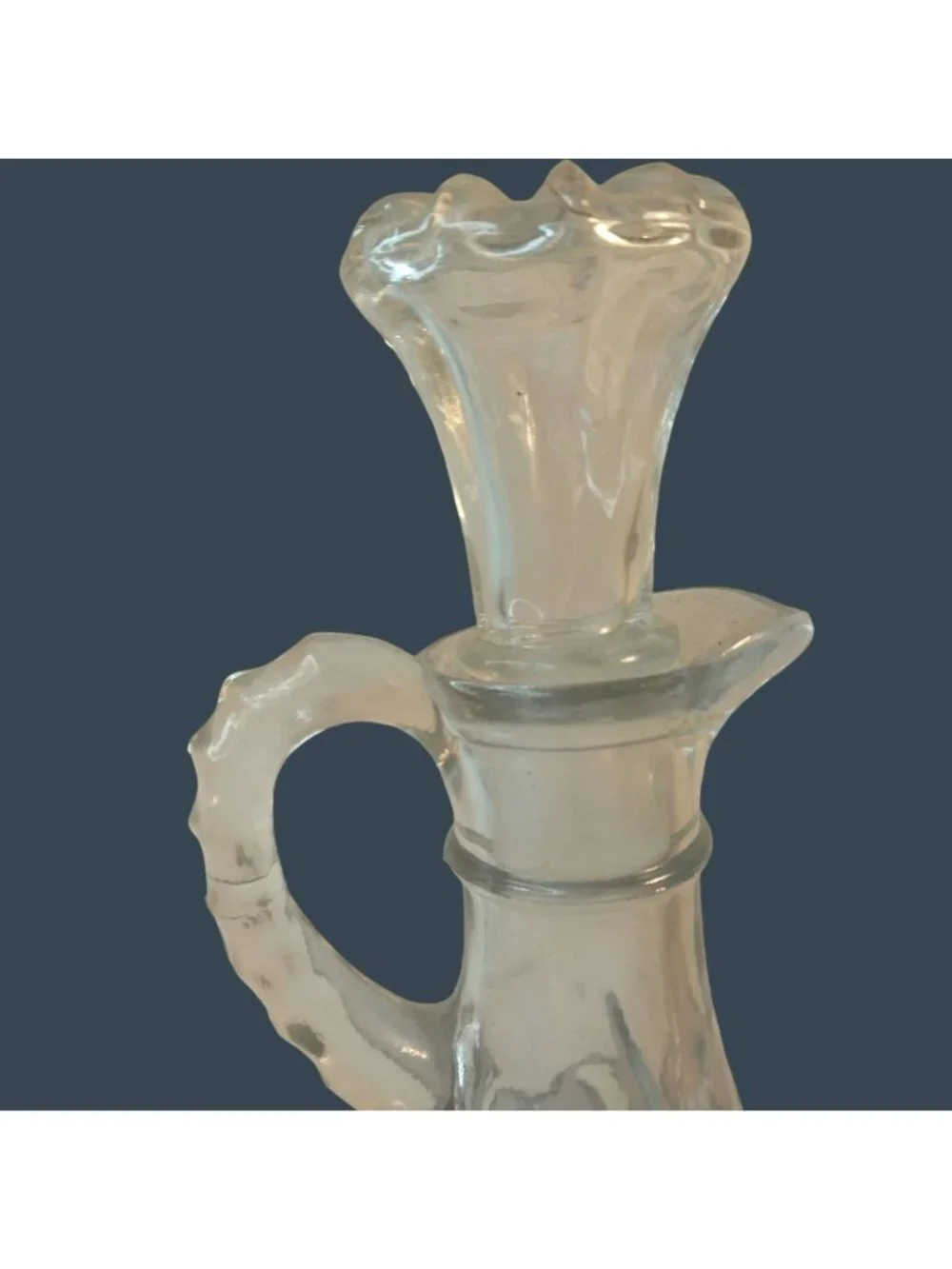 Vintage Clear Glass Cruet Bottle With Stopper Handle Decorative Starburst Floral